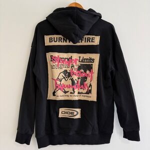 Aelfric Eden Mens Black Graphic Back Patch Hoodie OIOE Burn Fire Streetwear L